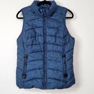 Green Tea Quilted Blue Puffer Vest Size Medium Faux Fur Lining Full Zip Pockets